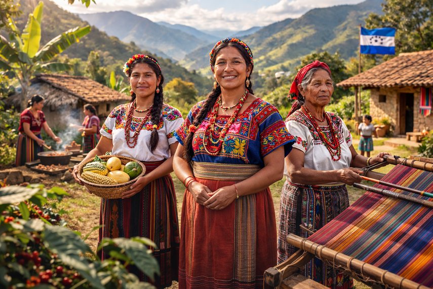 Lenca-kvinnor i traditionella, färgstarka kläder i bergsregionen i Honduras, med handvävda textilier och bymiljö med gröna berg i bakgrunden.
